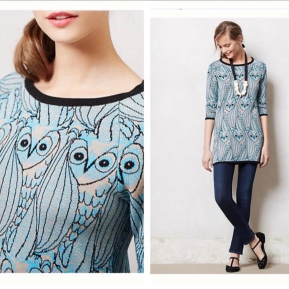 Anthro HWR Nestled Owl Print Tunic Sweater EUC